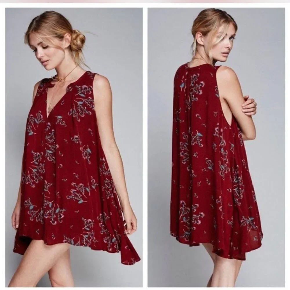 Free People Tree Swing Tunic Burgundy Floral Red Sleeveless Dress Blouse